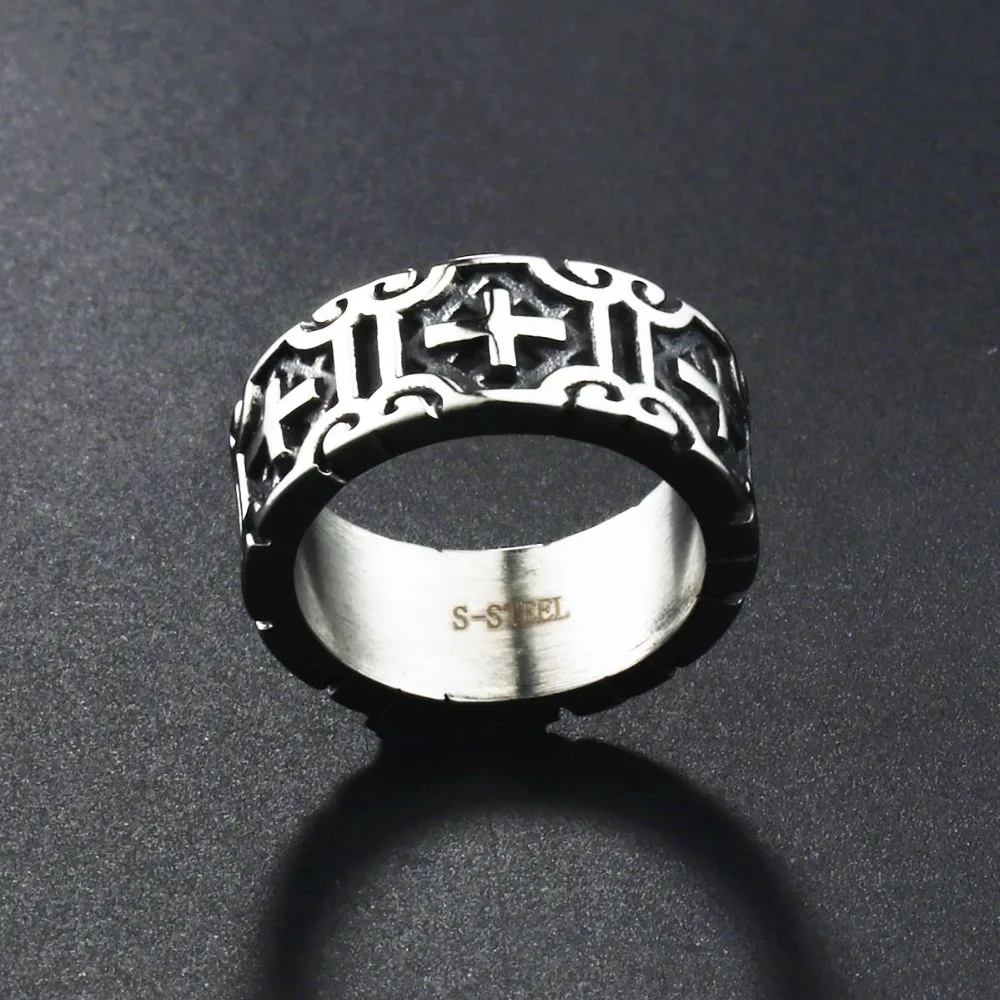 Античный серебряный черный тон Байкер крест гравировка кольца для мужчин нержавеющая сталь обручальные кольца для мальчиков панк Христос ювелирные изделия RN07