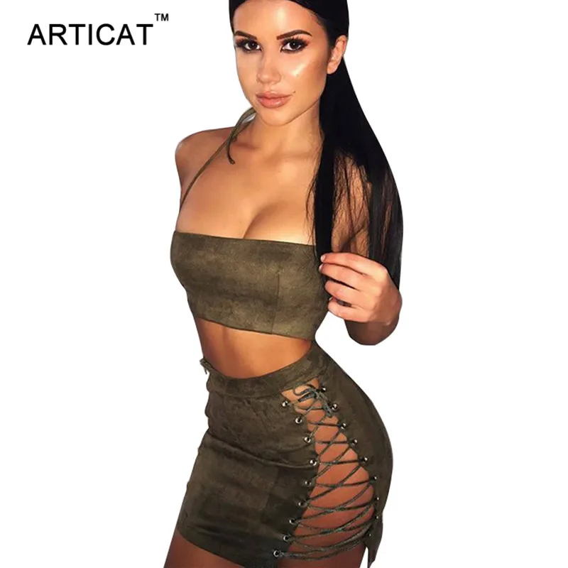 

Articat Suede Sexy Strapless Bandage Dress Women 2017 Autumn Lace Up Two Piece Set Bodycon Dress Hollow Out Party Club Dresses