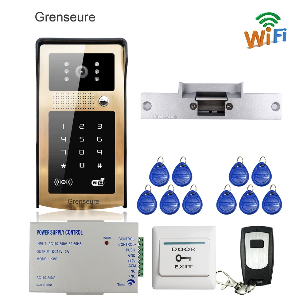 

Free Shipping RFID Code Keypad Wifi Video Intercom Door Phone Waterproof Metal Doorbell for Android IOS Phone Strike Door Lock