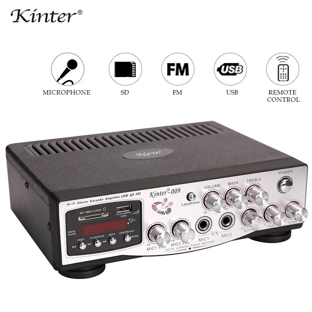 

Kinter-009 Professional karaoke amplifier audio 2channel supply power AC220V DC Mic input USB SD AUX FM radio paly stereo sound