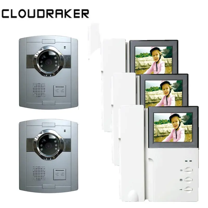 

CLOUDRAKER Video Intercom System 3 x 4.3 Inch Monitor with 2x Video Door Phone Camera Wired Intercom IR Night Vision Unlock