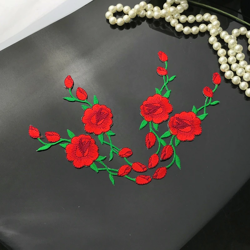 4 Pieces Fashion Red Rose Flower Embroidered Patch for Clothing Iron on