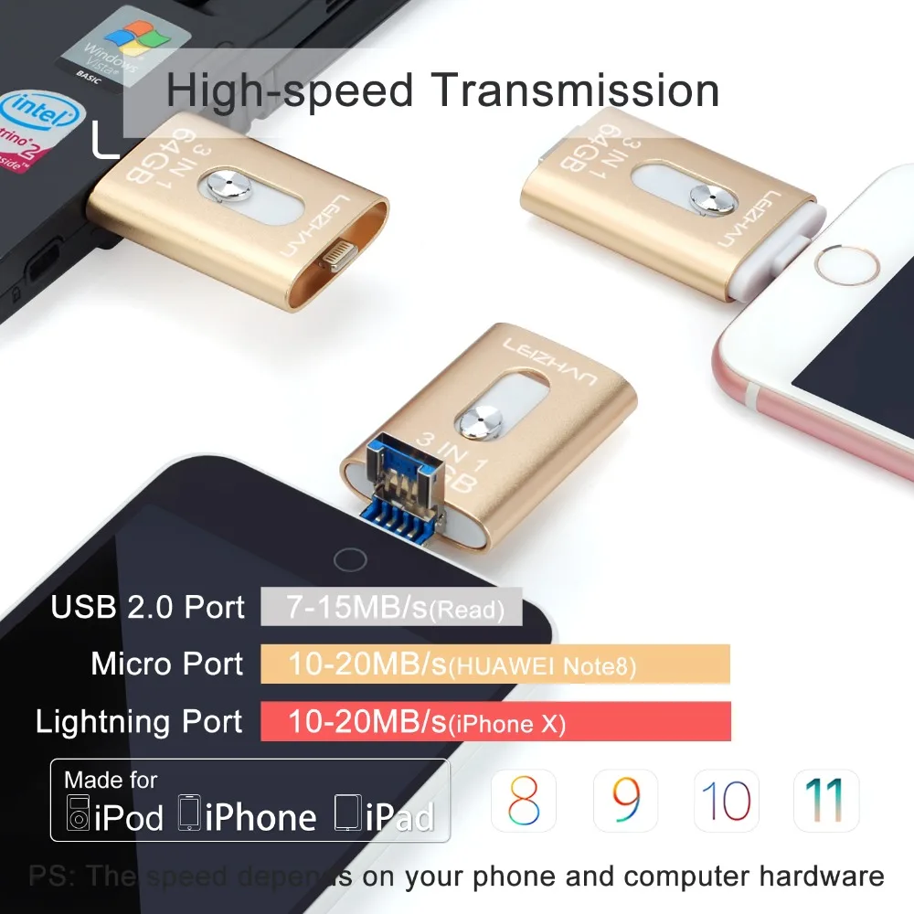 USB флеш накопитель LEIZHAN с разъемом lightning Micro 3 0 для iPhone металлический 64 ГБ 32 128 Android