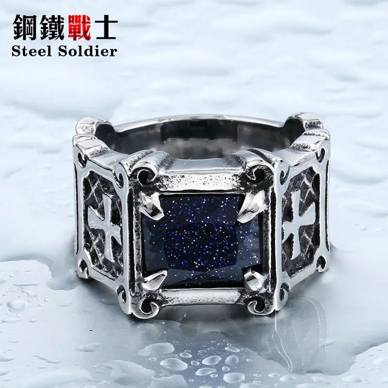 Steel soldier mix color Wholesale Jewelry Lots Vintage Friar Men's double cross Ring With Stone Red/Blue/Black Fashion