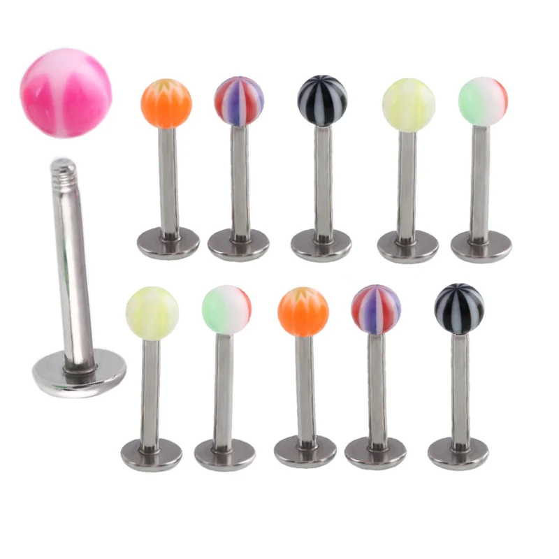 

2Pcs/Lot 1.2*8/10/12mm+3mm Mix Color Ball Acrylic Labret Piercing 16G Lip Piercing Stud Tragus Earbone Earrings Body Jewelry