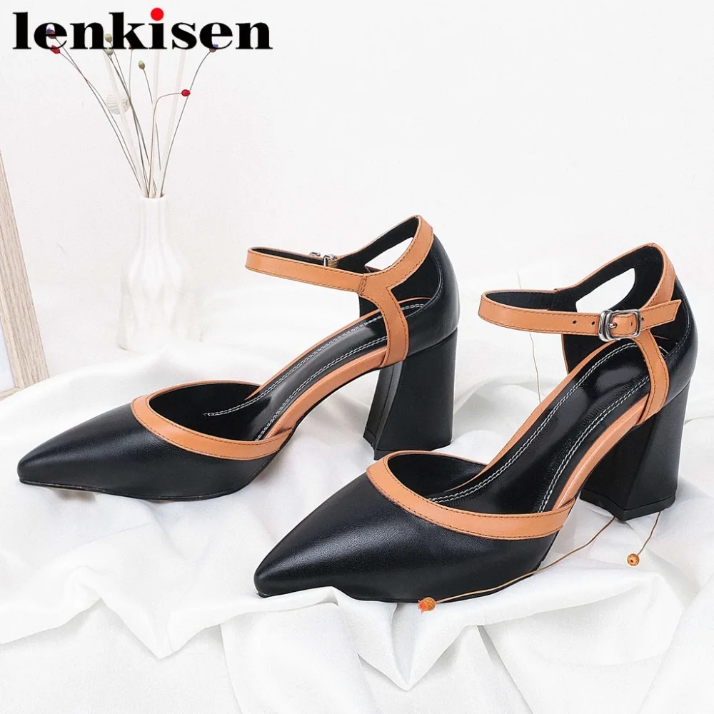 

Lenkisen mature women pumps mixed colors design natural leather high heels buckle strap pointed toe hollow work wedding shoe L01
