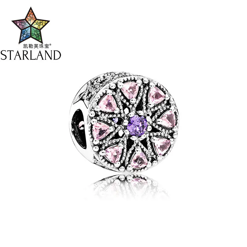 

Starland Fine 100% 925 Sterling Silver Flashing Round Chapter Pink CZ Beads Fit Original Charms Bracelet Women DIY Jewelry Gifts