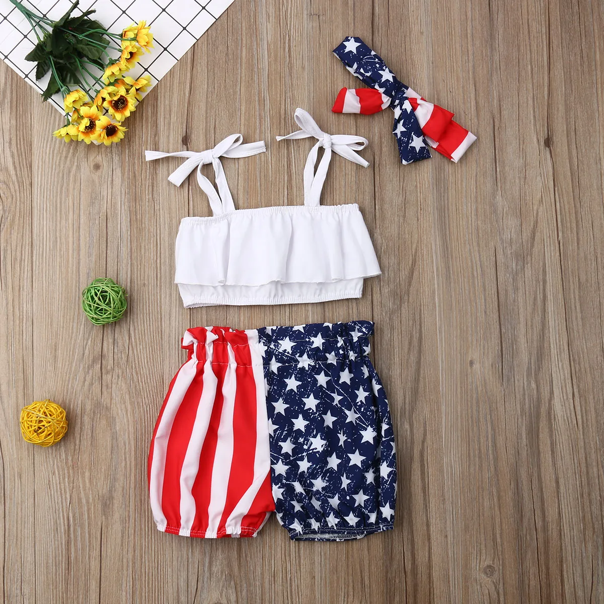 

Pudcoco Fourth of July Newborn Kids Baby Girls Off Shoulder Crop Tops + Shorts 3Pcs Outfits Clothes Set Summer 2019