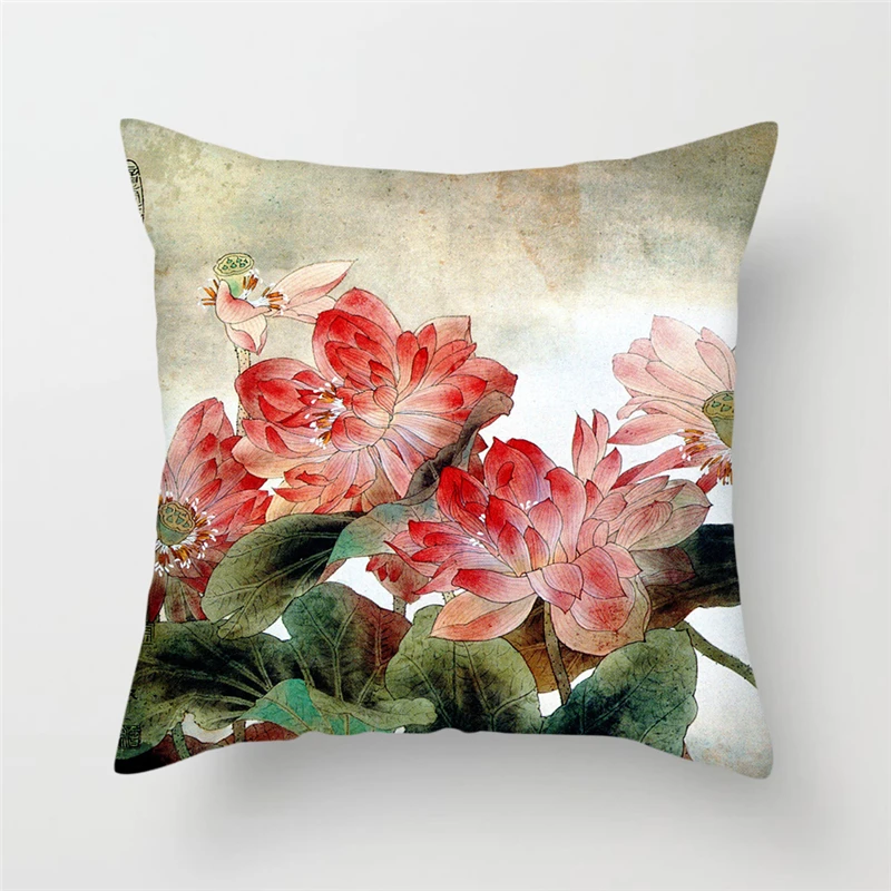 Fuwatacchi Birds Painting Pillow Covers Plum Blossom Cushion Covers for Home Sofa Chair Decors Flowers Landscape Pillowcases