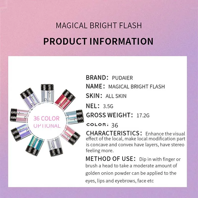 Pudaier Glitter Shimmer Powder Pigment Eyeshadow Highlighter Beauty Makeup Shiny Body Glow Festival Party Cosmetic 6