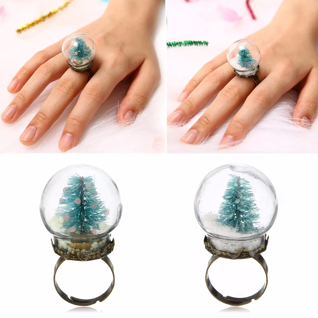 Shellhard Luminous Xmas Rings Shellhard Christmas Tree Glass Snowball Glow In The Dark Finger Ring For Women Men Jewelry