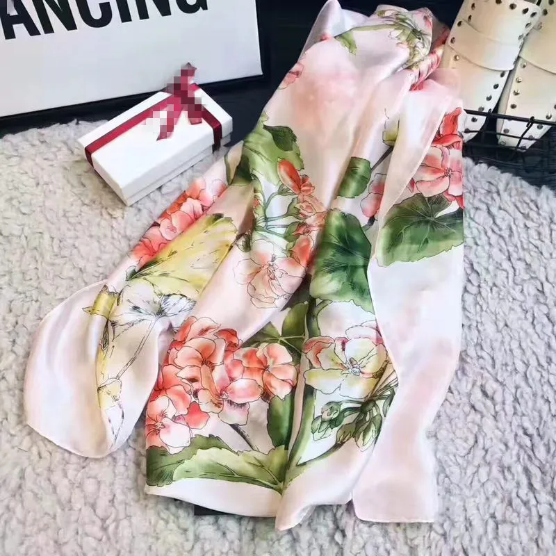 

2019 New Luxury Brand Women Silk Scarf Soft Floral Print Scarves Large size Shawl and Wrap Long Lady Pashmina Beach Stole