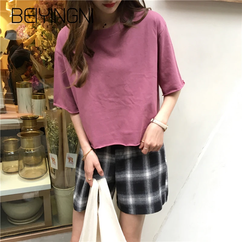 Beiyingni Harajuku укороченная футболка Для женщин Твердые 8 Colods летняя с короткими
