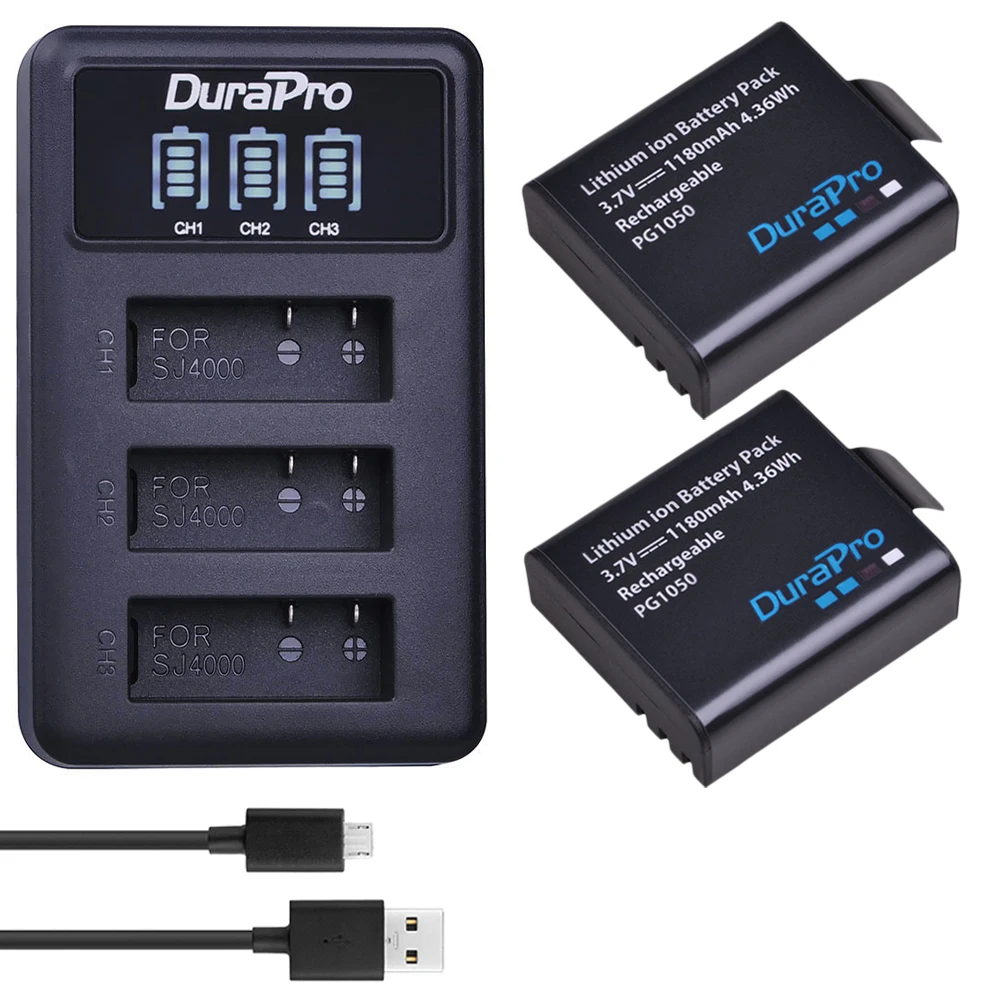 2 аккумулятора для камеры 1180 мАч PG1050 SJ4000 + зарядное устройство с 3 USB-портами и