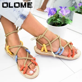 

Women Sandals 2019 Fashion Summer Shoes Woman Flat Sandals Hemp Rope Lace Up Gladiator Sandals Non-slip Beach Chaussures Femme