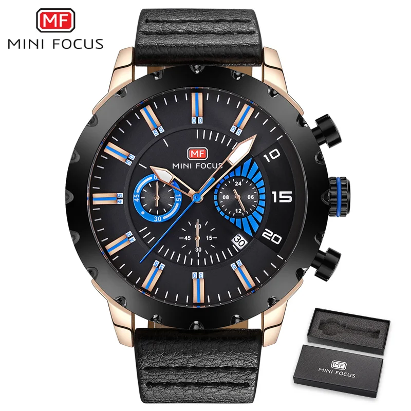 Blue Black With Box MINIFOCUS люди с большим набором спортивных часов армейские военные водонепроницаемые часы кожаные кварцевые наручные часы для мужчин Orologio Uomo - Цвет: Blue Black With Box