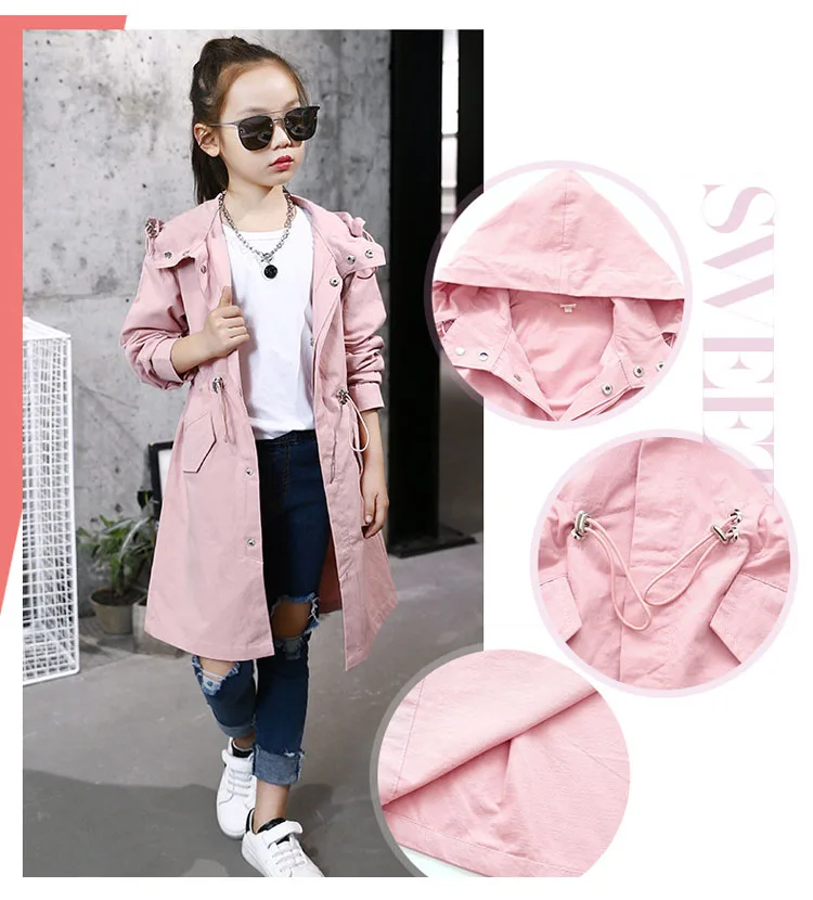 2 colors hooded long jackets for girls outerwear & coats clothing children long sleeve pockets kids trench coat autumn 2017 tops 4 5 6 7 8 9 10 11 12 13 14 15 16 Years old little big girls pink khaki long hooded coats clothes (20)