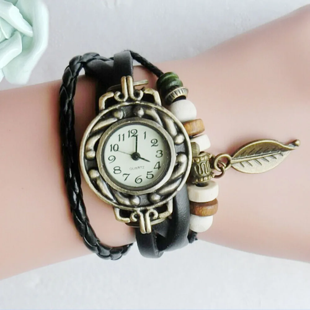 Relogio masculino коричневый Ретро Плетеный женский браслет с бусинами и листьями, браслет, кварцевые наручные часы reloj hombre часы#03