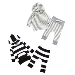 Одежда для малышей Модная одежда для новорожденных детей комплект в полоску для мальчиков и девочек толстовка с длинными рукавами Топы
