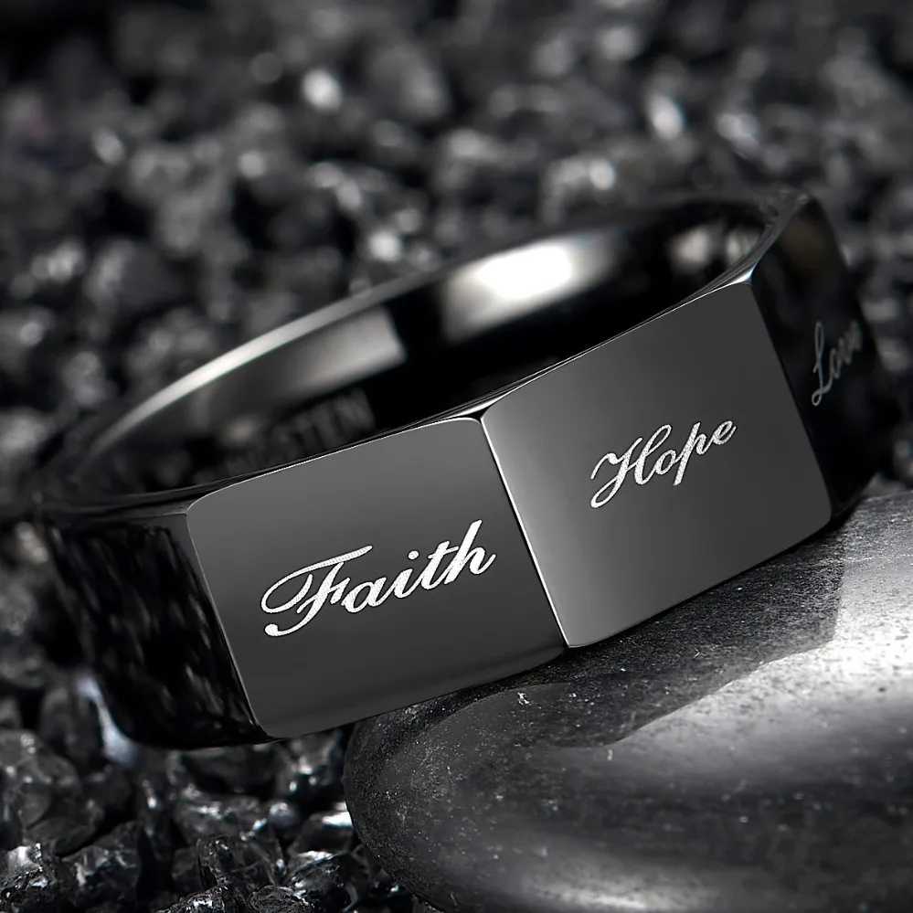 Black Color 8MM Wide Polished Three-sided Lettering Faith Hope Love Tungsten Steel Ring Men Carbide Party Ring