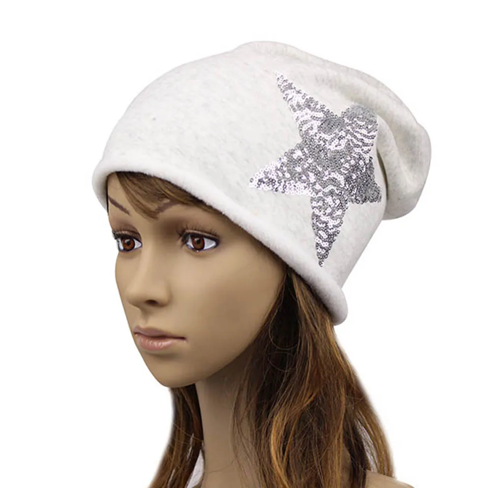 

Women's Beanie Hat Autumn Fashion Silver Sequins Plain Beanies For Girls Slouchy Hats For Women Skullies Balaclava for Female