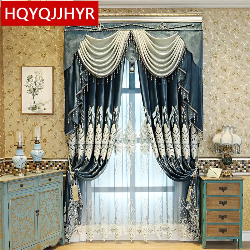 Dark Blue European Top Luxury Flannel Blackout Curtains For Living Room Decoration With High Quality Voile Curtain For Bedroom