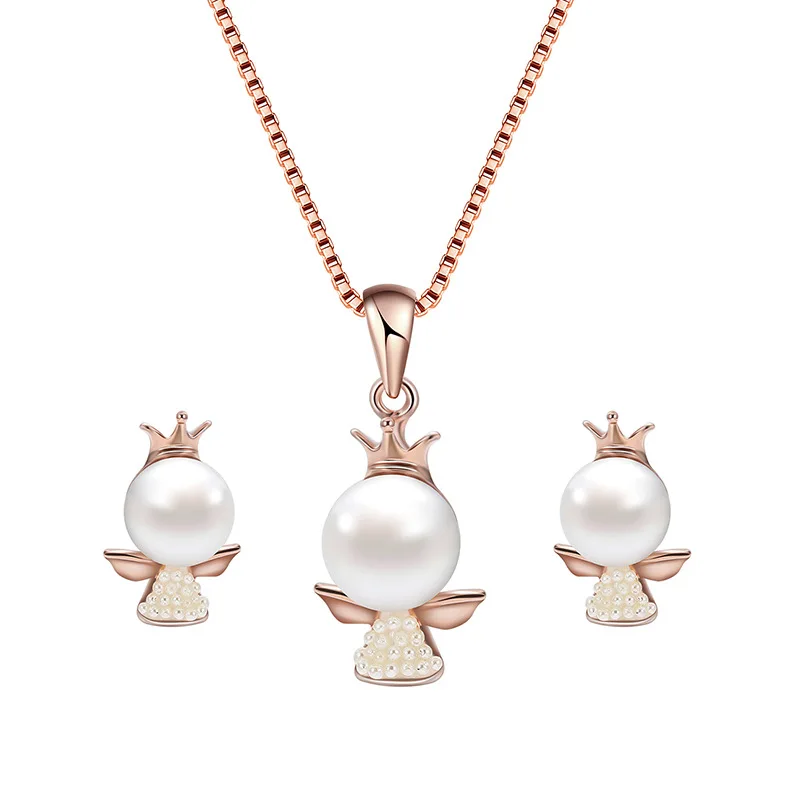 

HC Cute Angell Drop Earrings Kid Children Gift Necklace Set Women Lovely Pearl Crown Cartoon Fairy Angle Girl Baby Jewelry Set T