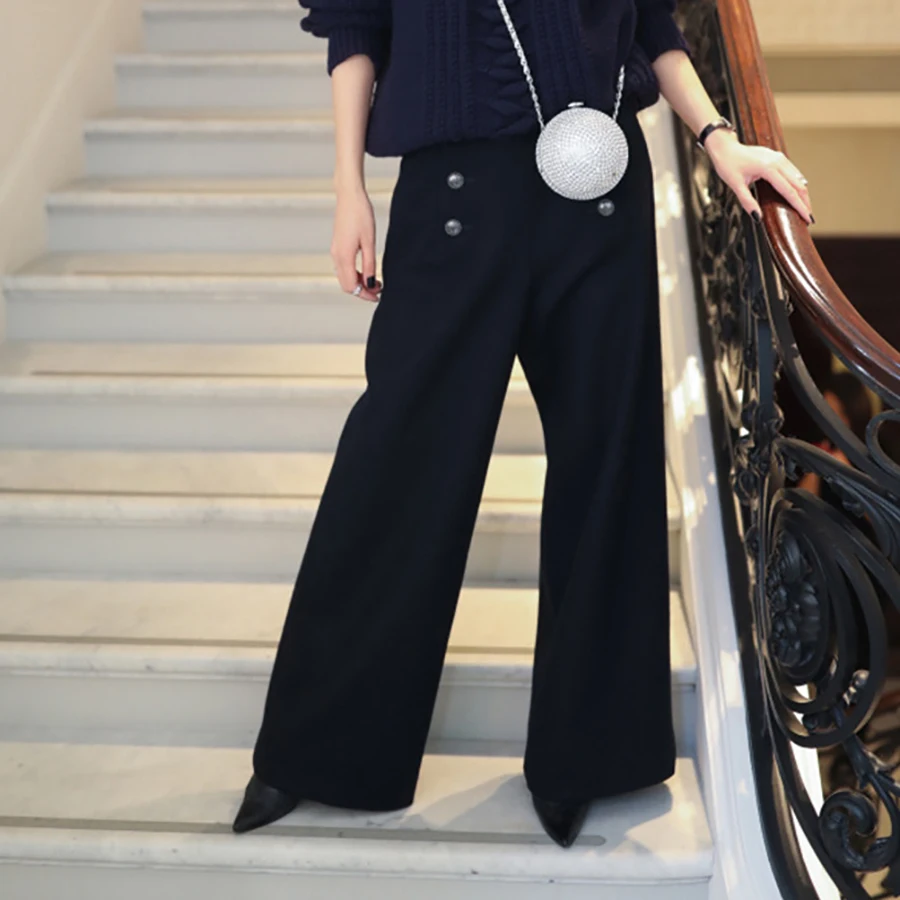 2018 Autumn Winter Solid Black Woolen Women Pants Double