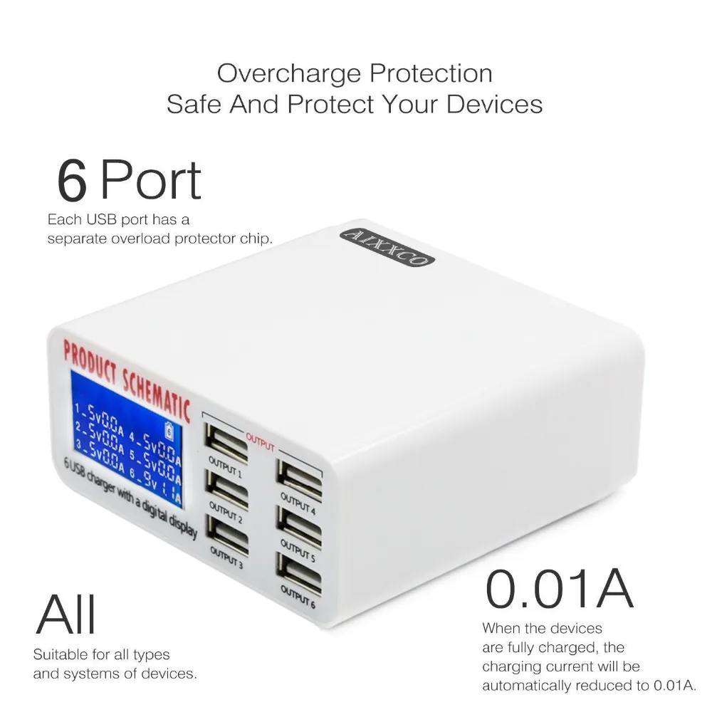 Pаспродажа AIXXCO 6A с ЖК цифровым дисплеем, 6 портов, font b USB b font зарядное устройство, быстрая умная зарядная станция для смартфонов, планшетов, ПК