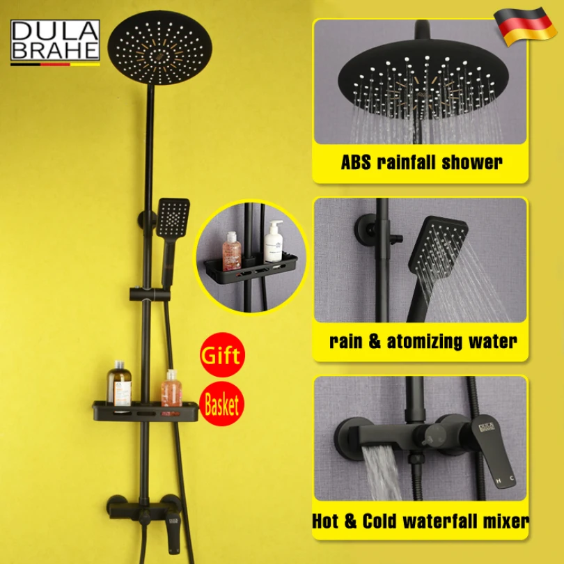 Bathroom Rain Shower Set Thermostat Bath Shower Faucet Valve Black Shower System Panel Brass Rainfall Waterfall Shower Head