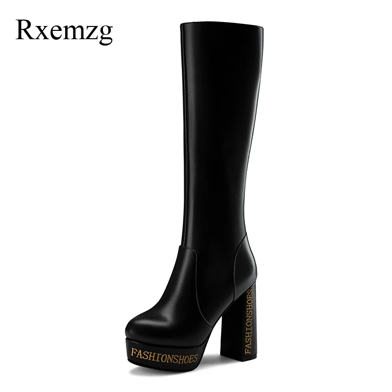 

Rxemzg winter boots women round toe black platforms real leather shoes woman knee high boots super high short plush long boots