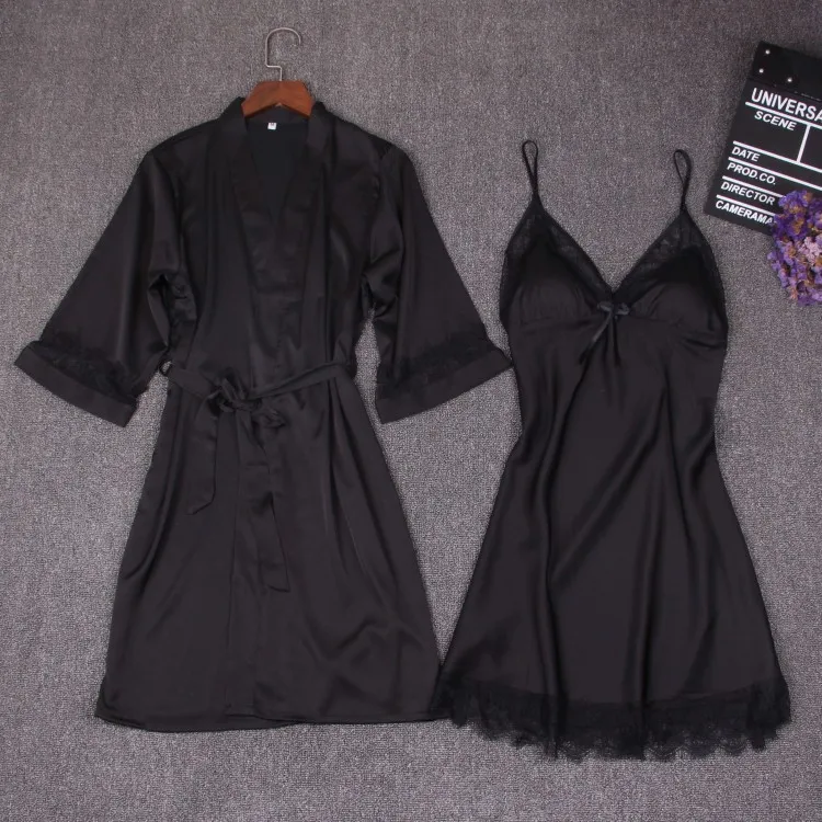 MECHCITIZ, летний сексуальный шелковый халат и платье, наборы для женщин, Халат+ мини-платье для сна, 2 предмета, пижамы, 5 цветов, бюстгальтер, Пижама - Цвет: Черный