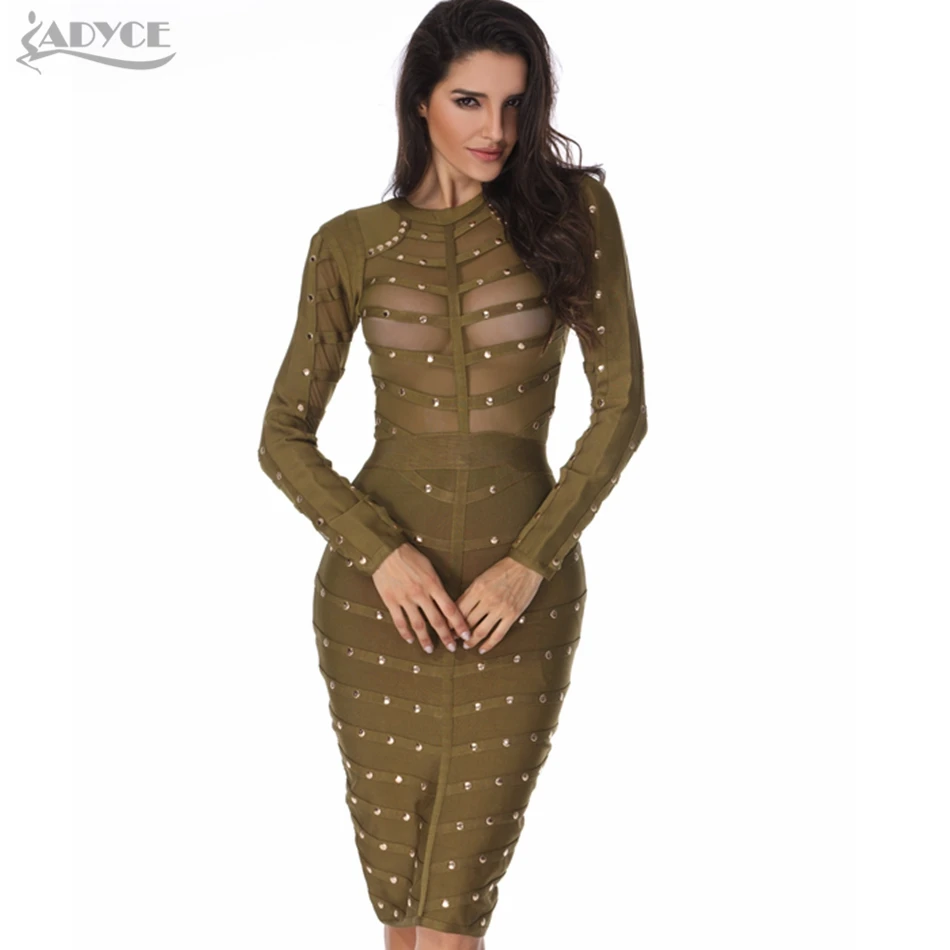 

Wholesale 2019 New Sexy Women Dress Mesh Studded Button Olive Red Black High Neck Bodycon Dress Celebrity Party Bandage Dresses