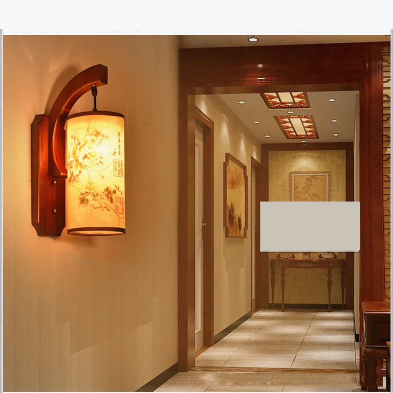 Retro Chinese wall lamp wall sconce antique Wood Parchme stair aisle corridor bedroom living room cafe lamp,E27 wall light bra