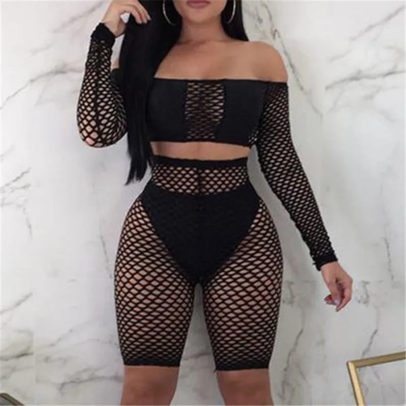 

Sexy Women Beachwear Bikinis Lace Crochet Cover Ups Hollow Out Swimwear Bathing Off Shoulder T-shirt Crop Tops High Waist Shorts