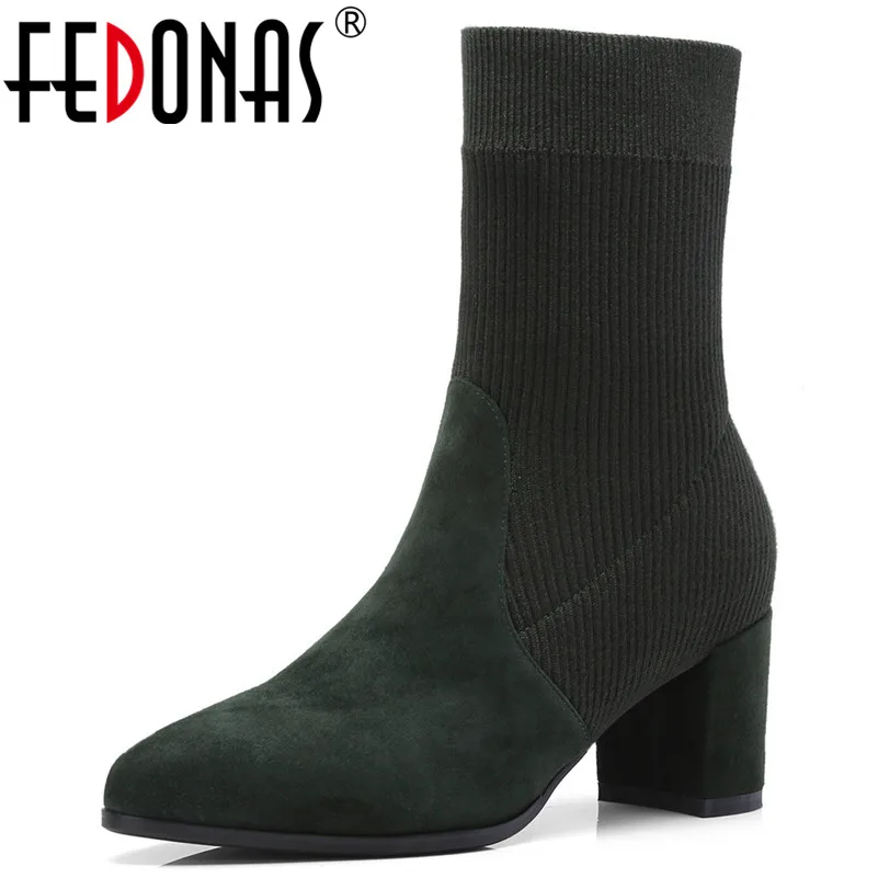

FEDONAS Women's Boots Pointed Toe Elastic Mid-calf Boots Thick Heel High Heels Shoes Woman Female Socks Boots 2020 Autumn Shoes