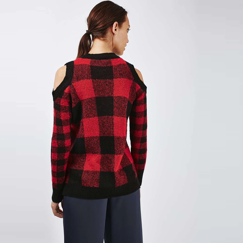 HYH HAOYIHUI Off Shoulder Crew Neck Plaid Knitted Sweaters Casual Long Sleeve Tricot Pullovers 2017 Autumn Winter Women Sweaters