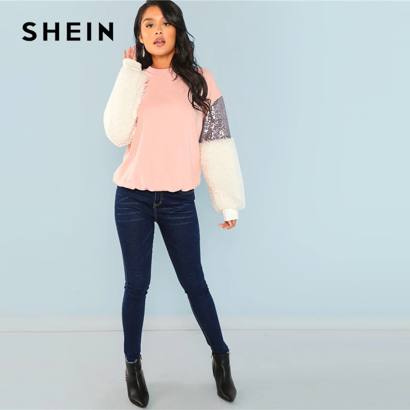 SHEIN Нарядный Свитшот С Контрастной Отделкой, Гламурный Свитшот С Длинным Рукавом И Блестками