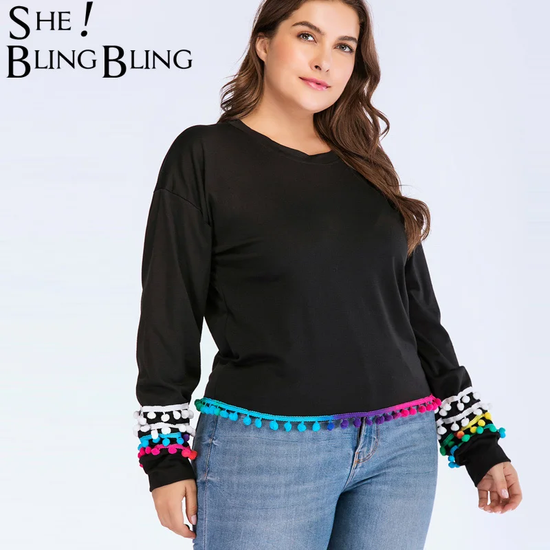 SheBlingBling 4XL плюс Размеры Для женщин толстовки осень-зима с длинным рукавом пуловер с кисточками черный Повседневное Свободные Толстовка Для