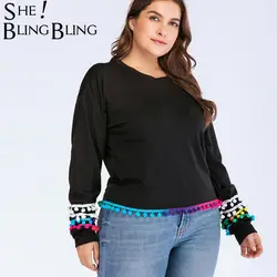SheBlingBling 4XL плюс Размеры Для женщин толстовки осень-зима с длинным рукавом пуловер с кисточками черный Повседневное Свободные Толстовка Для