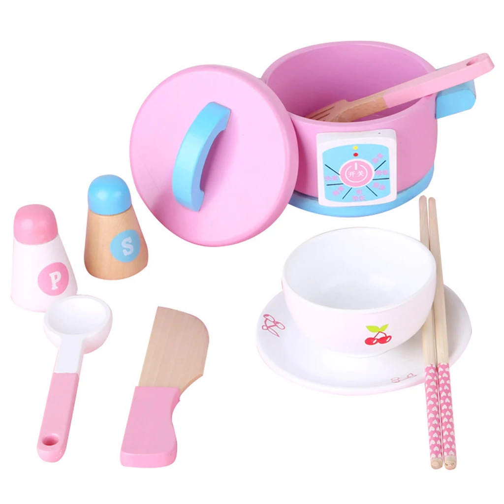 14 pieces Pretend Play Kitchen Wooden Toy - Cooking Food Utensils Cookware & Dinnerware, Pots Bowl for Kids Play House Game