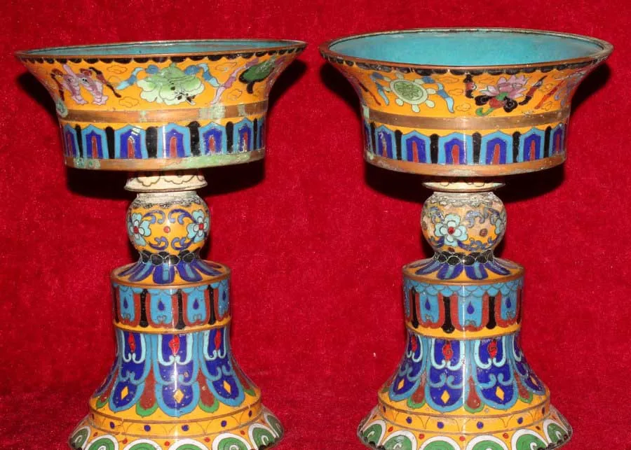 

Tibet Tibetan Copper Cloisonne 8 Auspicious Symbols lampstand Candle Holder Pair Retro bronze factory outlets free shipping