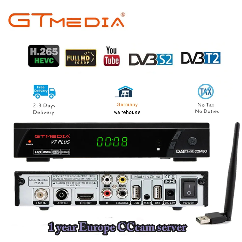 GTmedia V7 плюс комбо DVB-T2 DVB-S2-цифра спутниковый телевизионный ресивер Suport H.265 ключ powervu, biss Ccam Newam Youtube USB Wi-Fi, 1080 P с разрешением full HD