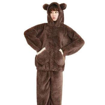 

Winter Warm Flannel Pajamas Set For Women Cartoon Sleepwear Long Sleeve Plush Home Wear Suit Hooded Cute 2PCS Nightwear M-XXL