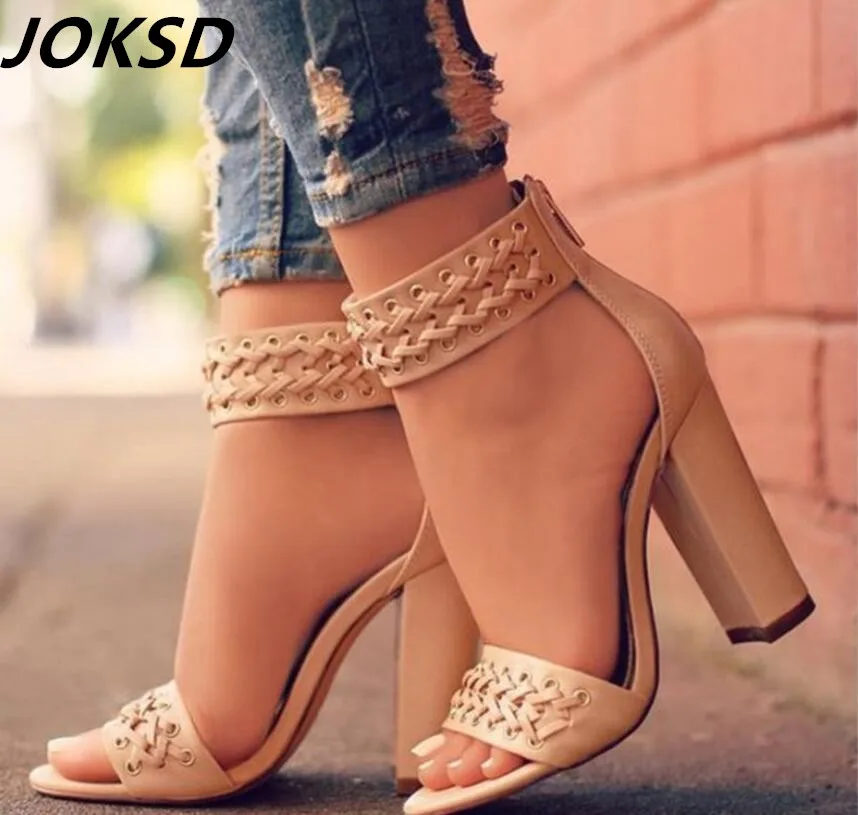 JOKSD Для женщин из флока Сандалии с квадратным каблуком обувь на высоком каблуке на молнии Женская мода платье женские сандалии обуви для девочек, большой размер A59