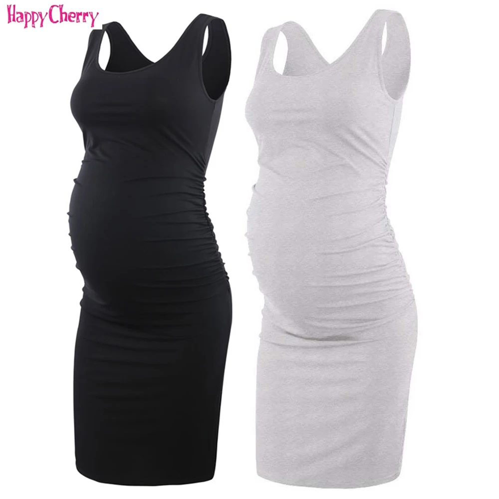 

Maternity Dress Tops Pregnancy Skirt For Sleeveless Clothes Striped Flattering Side Ruching Scoop Neck Pregnant Women Clothing