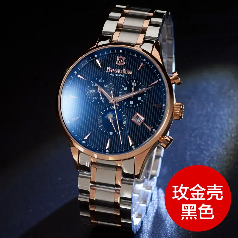 Bestdon механические часы для мужчин модные автоматические часы мужские светящиеся Daydate Moonphase Топ швейцарский бренд наручные часы Прозрачный - Цвет: Rose gold-black