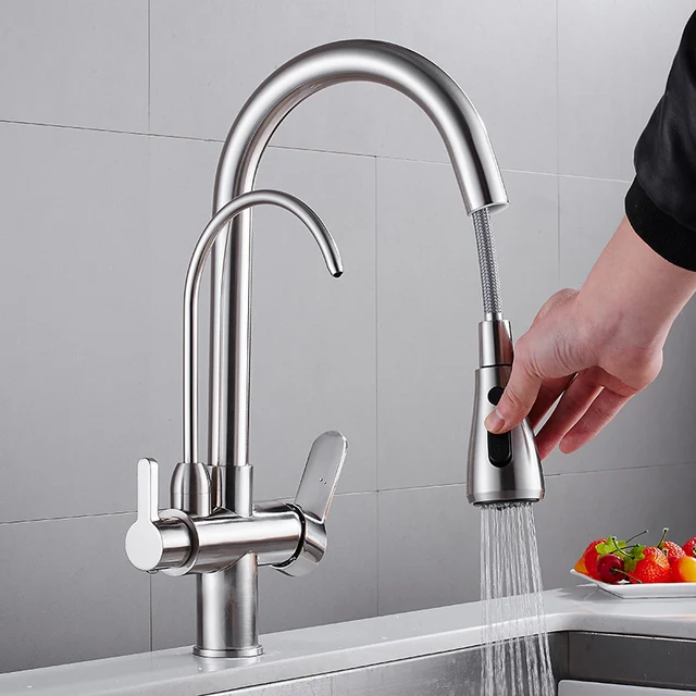 Best Offers MTTUZK Brass Brushed Hot Cold Pure Water 3 in1 Kitchen Faucet Pure Pull Out Faucet Drinking Water Mixer Tap Double Outlet Faucet