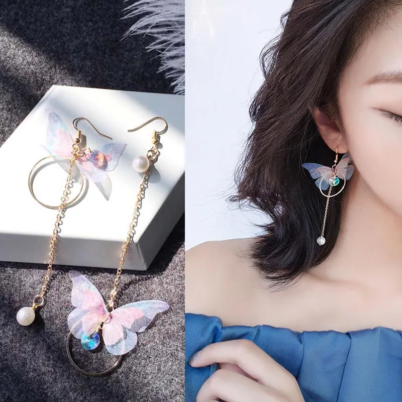 

2019 Korea Retro Asymmetrical Exquisite Butterfly Imitation Pearl Alloy Long Wings Earrings For Women's Best Gift Wholesale