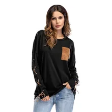 Ремень Для женщин футболка модная одежда с длинными рукавами Повседневное О-образным вырезом девушку футболка осень и зима топ, футболка, рубашка Femm плюс Размеры Быстрая